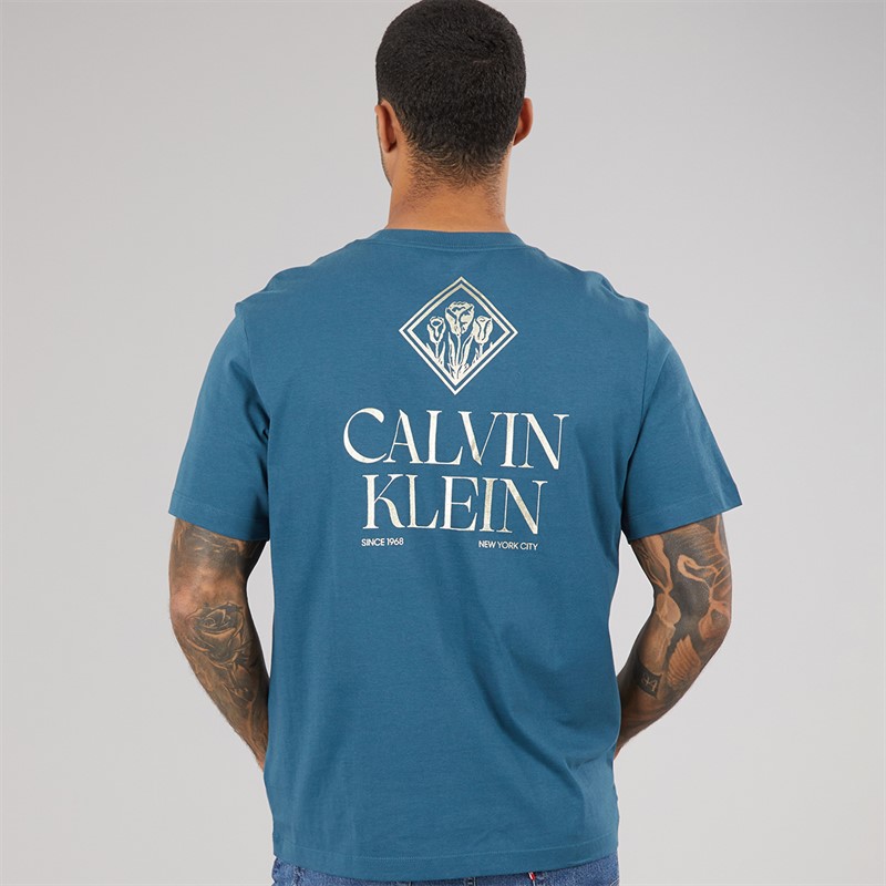 Calvin Klein Jeans Mens Short Sleeve Logo Roses Graphic T-Shirt Navy Teal