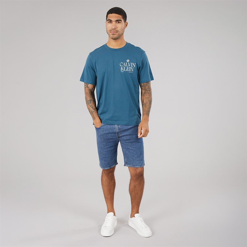Calvin Klein Jeans Mens Short Sleeve Logo Roses Graphic T-Shirt Navy Teal