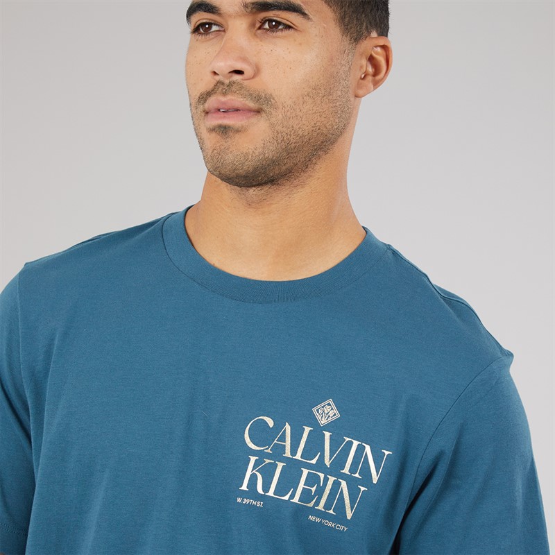 Calvin Klein Jeans Mens Short Sleeve Logo Roses Graphic T-Shirt Navy Teal