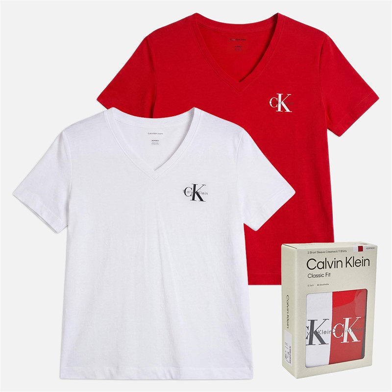 Calvin Klein Jeans Womens Logo Two Pack V-Neck T-Shirts Adrenaline Rush/Brilliant White