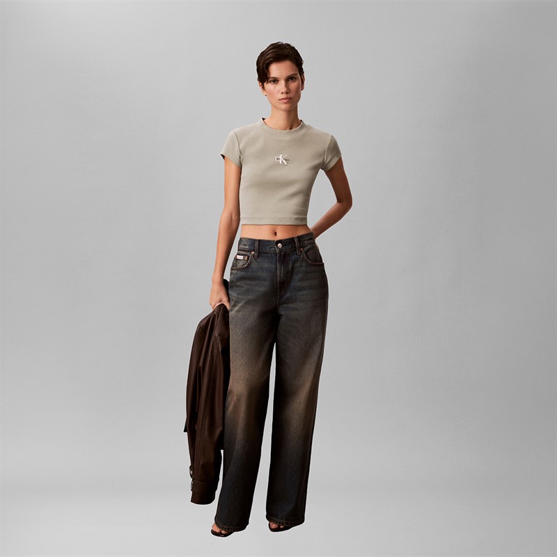 Calvin Klein Jeans Womens Monologo Rib T-Shirt Shadow