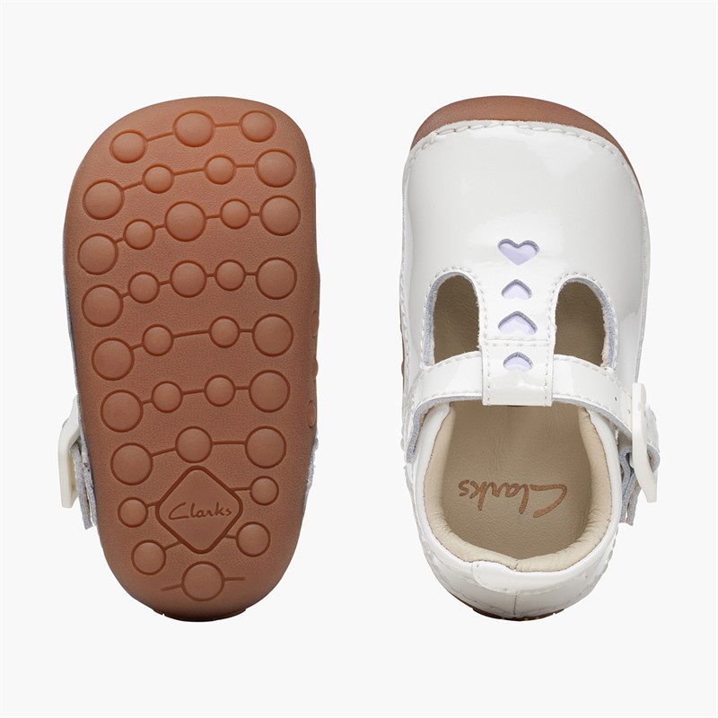 Clarks Infant Girls Tiny Beat H-Fit T-Bar Shoes White Patent