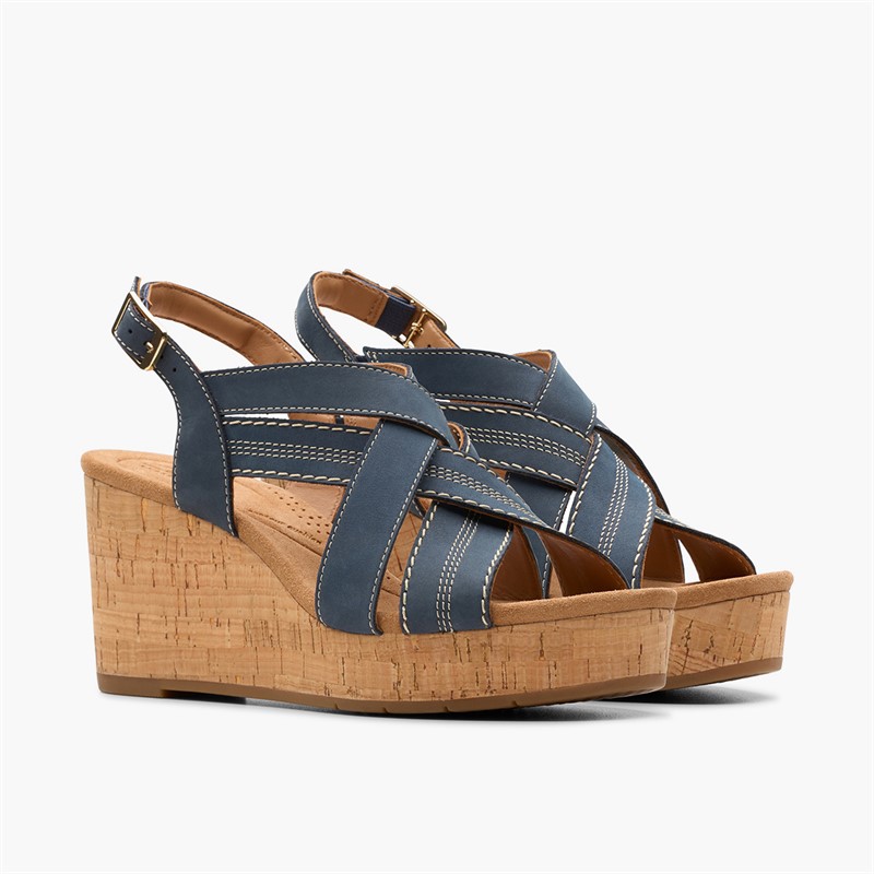Clarks Damen Sabina Sling Back Keilabsatz Sandalen Navy Nubuck