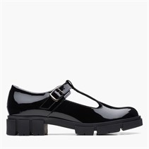 Clarks Womens Teala T-Bar Shoes Black Patent