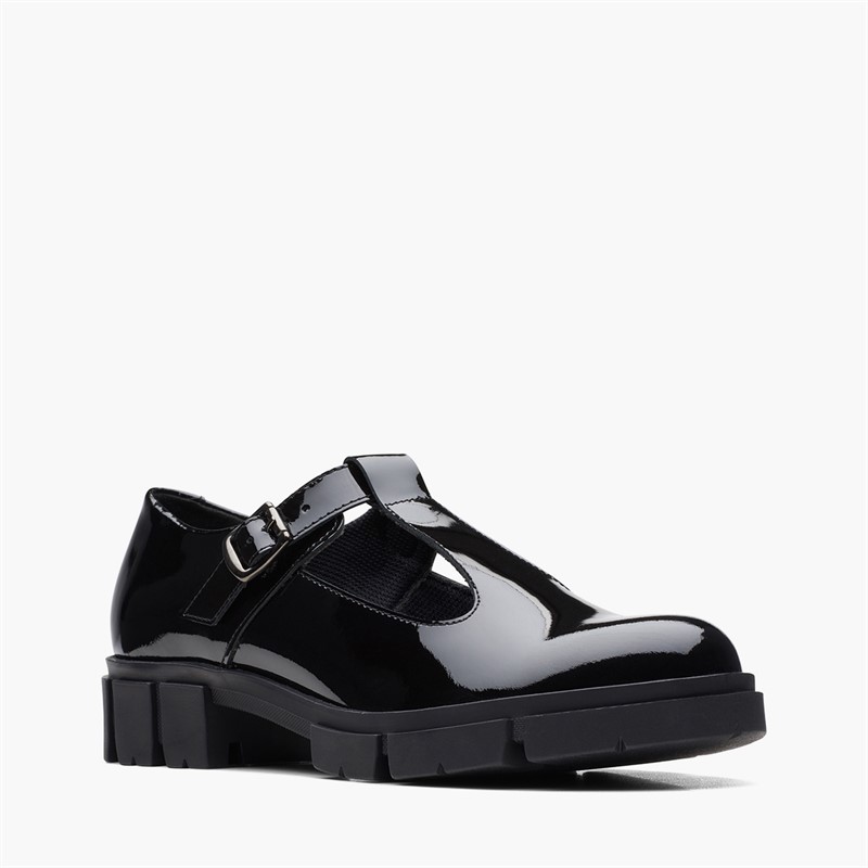 Clarks Womens Teala T-Bar Shoes Black Patent