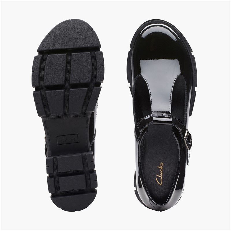 Clarks Womens Teala T-Bar Shoes Black Patent