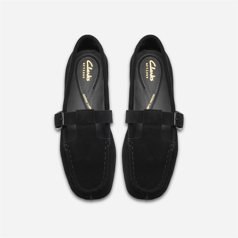 Clarks Damen T Bar Loafer mit Sommersprossen Black Suede