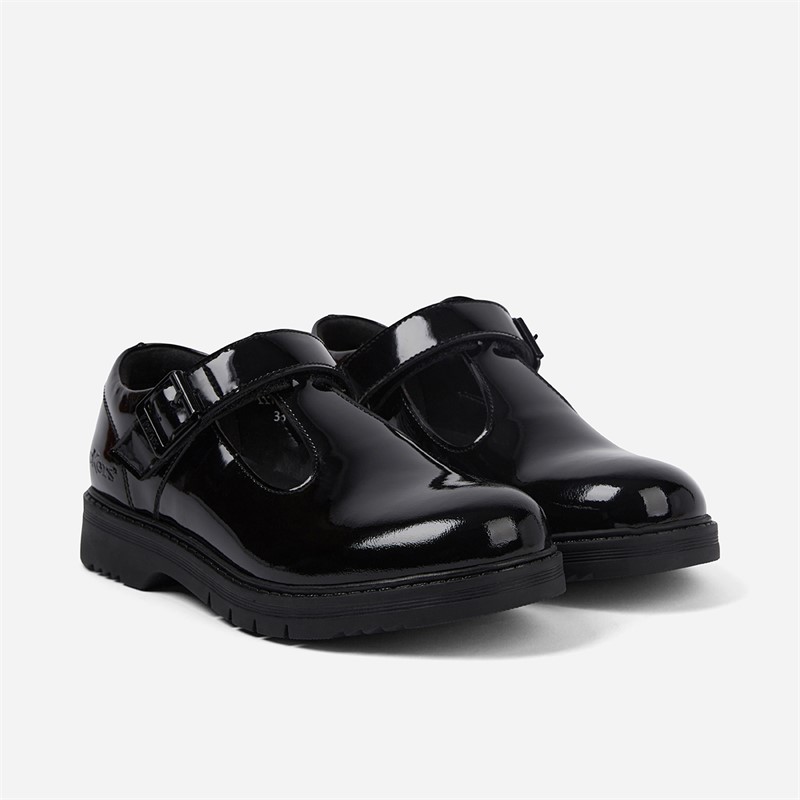 Kickers Girls Finley T-Bar Shoes Black Patent
