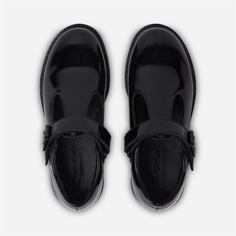 Kickers Girls Finley T-Bar Shoes Black Patent