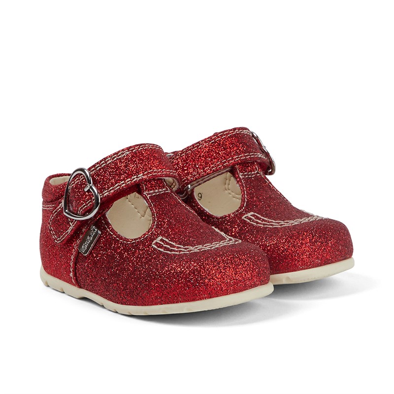 Kickers Baby Girls Kick T-Bar Glitter Leather Shoes Red
