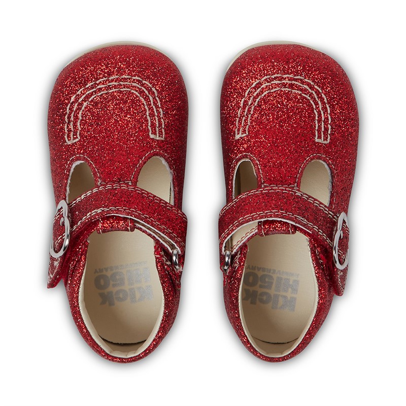 Kickers Baby Girls Kick T-Bar Glitter Leather Shoes Red