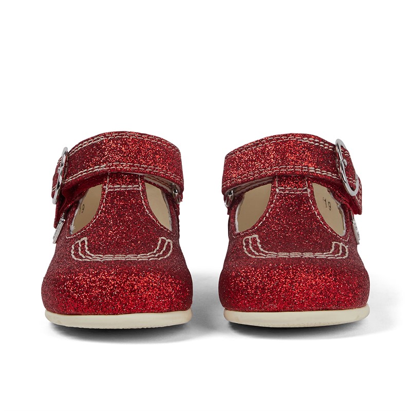 Kickers Baby Girls Kick T-Bar Glitter Leather Shoes Red