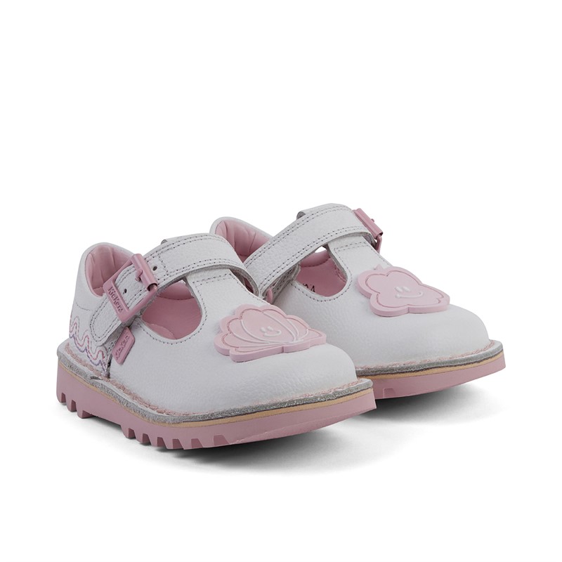 Kickers Infant Girls Kick T-Bar Wave Leather Shoes White