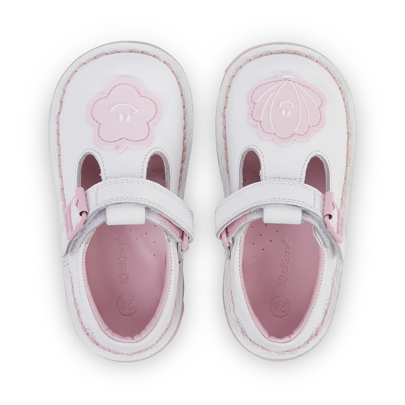 Kickers Infant Girls Kick T-Bar Wave Leather Shoes White
