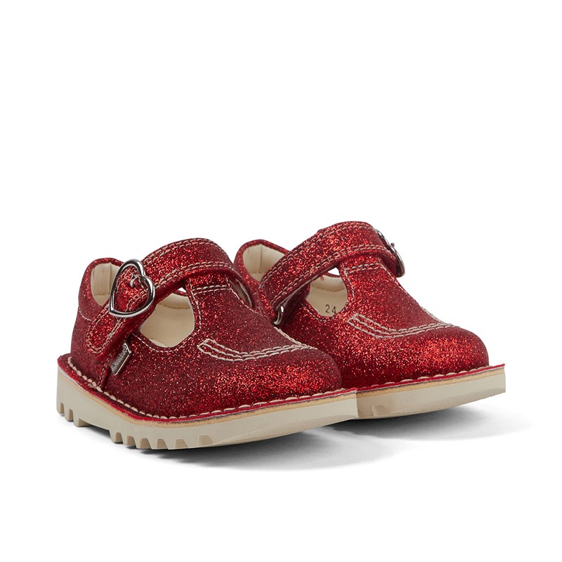 Kickers Infant Girls Kick T-Bar Glitter Shoes Red