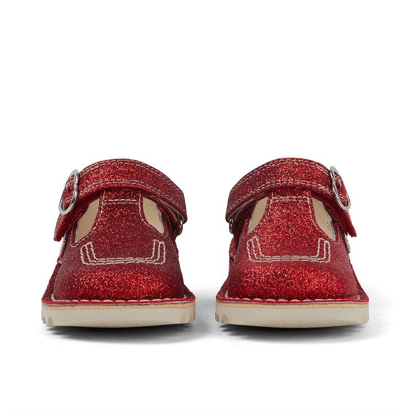 Kickers Infant Girls Kick T-Bar Glitter Shoes Red