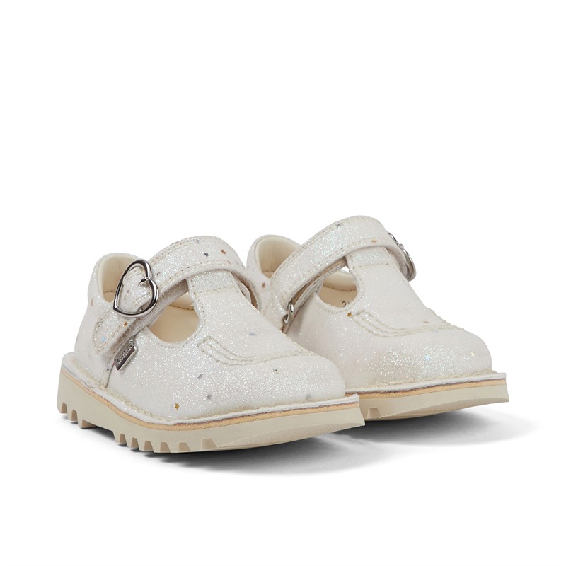Kickers Infant Girls Kick T-Bar Glitter Shoes White