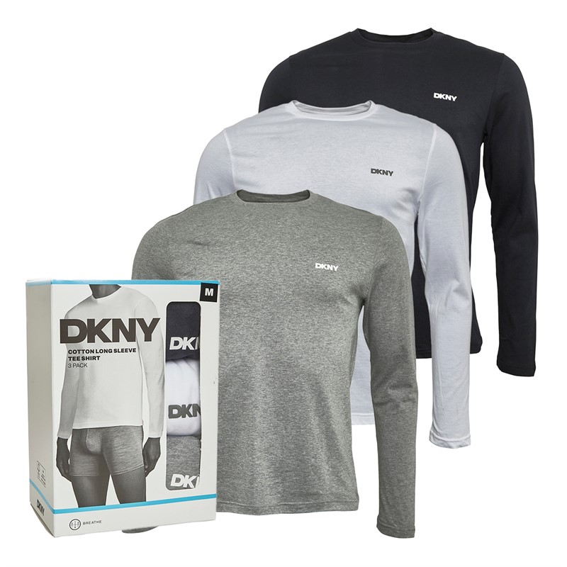 DKNY Mens Warrior Three Pack Long Sleeve Tops White/Light Grey Marl/Black