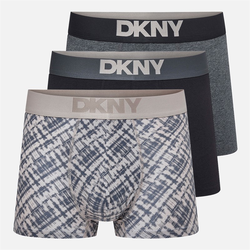 DKNY Mens Oswego Three Pack Boxer Trunks Black/Print/Charcoal