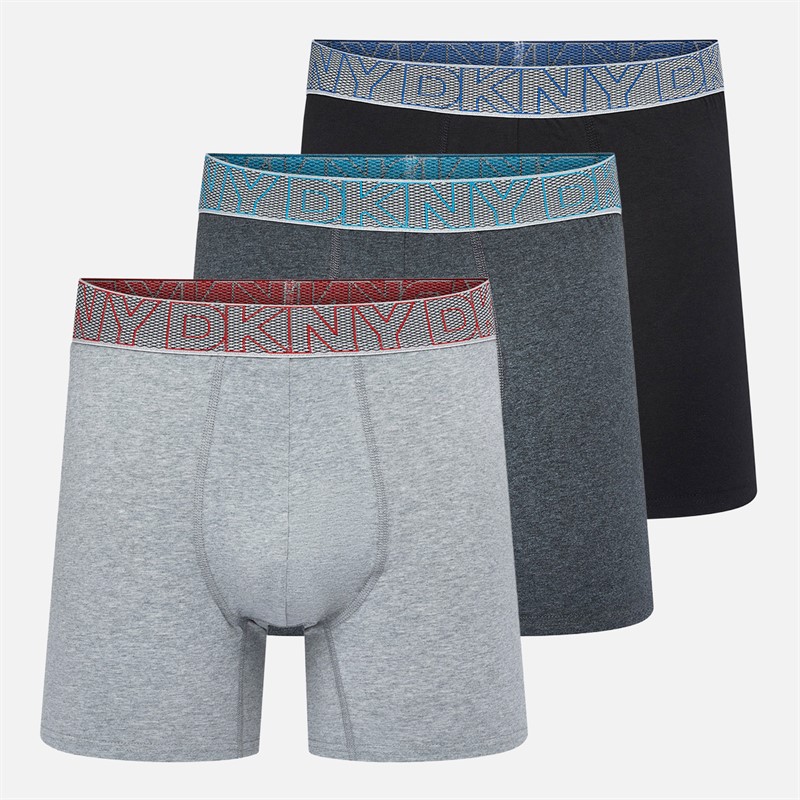 DKNY Mens Dansville Three Pack Longer Length Boxer Trunks Black/Charcoal/Grey Marl