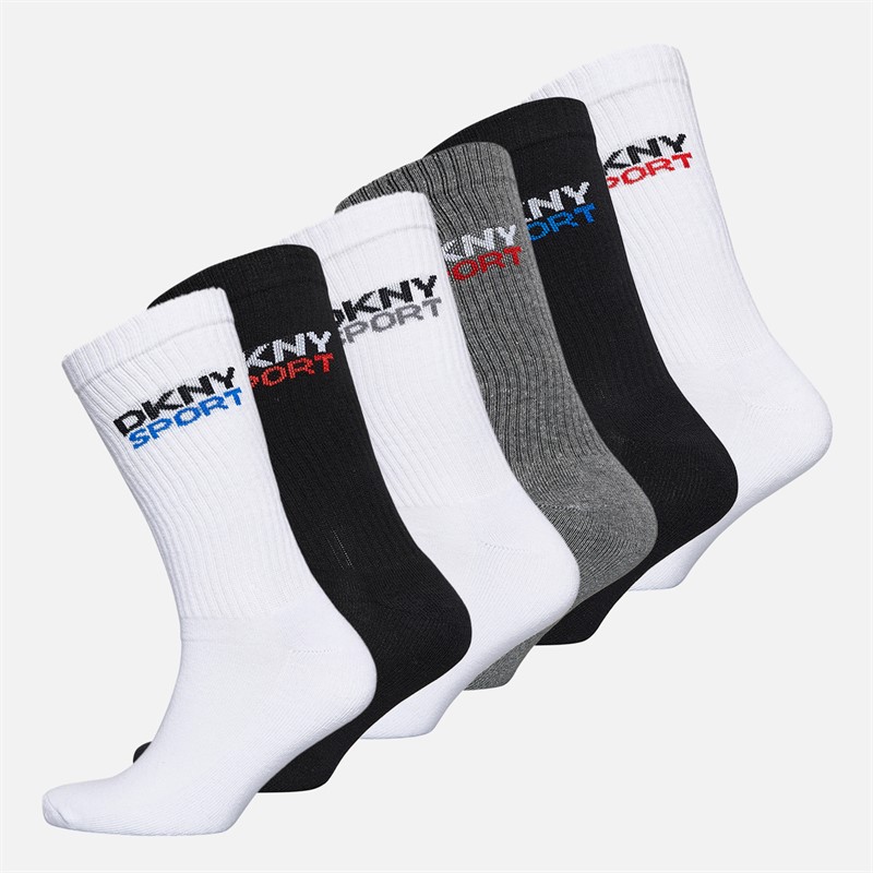 DKNY Mens Dogwood Six Pack Crew Socks White/Black/Grey Marl/Red/Blue - Size 7