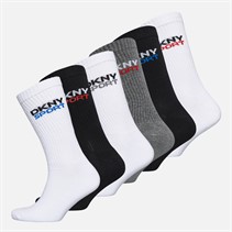 DKNY Mens Dogwood Six Pack Crew Socks White/Black/Grey Marl/Red/Blue