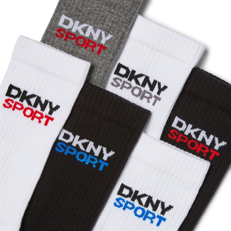 DKNY Mens Dogwood Six Pack Crew Socks White/Black/Grey Marl/Red/Blue