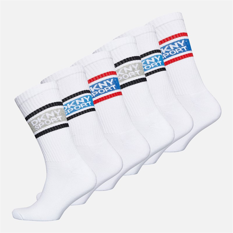 DKNY Mens Nevins Six Pack Crew Socks White/Black/Grey Marl/Red/Blue - Size 7