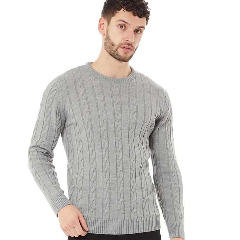 Buy Kangaroo Poo Mens Cable Knit Sweater Grey Marl