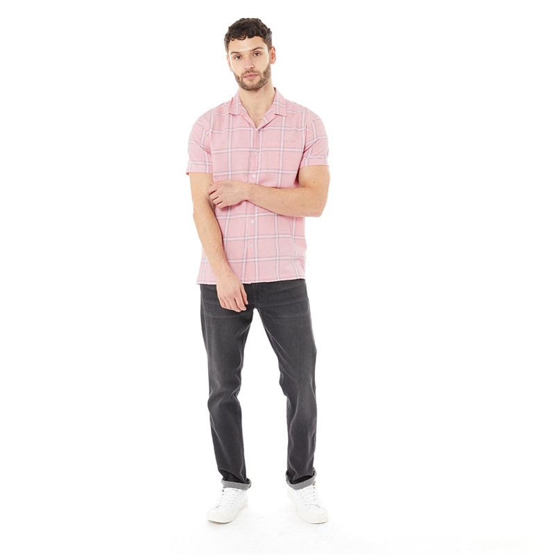 Kangaroo Poo Mens Checked Rever Collar Short Sleeve Shirt Pink