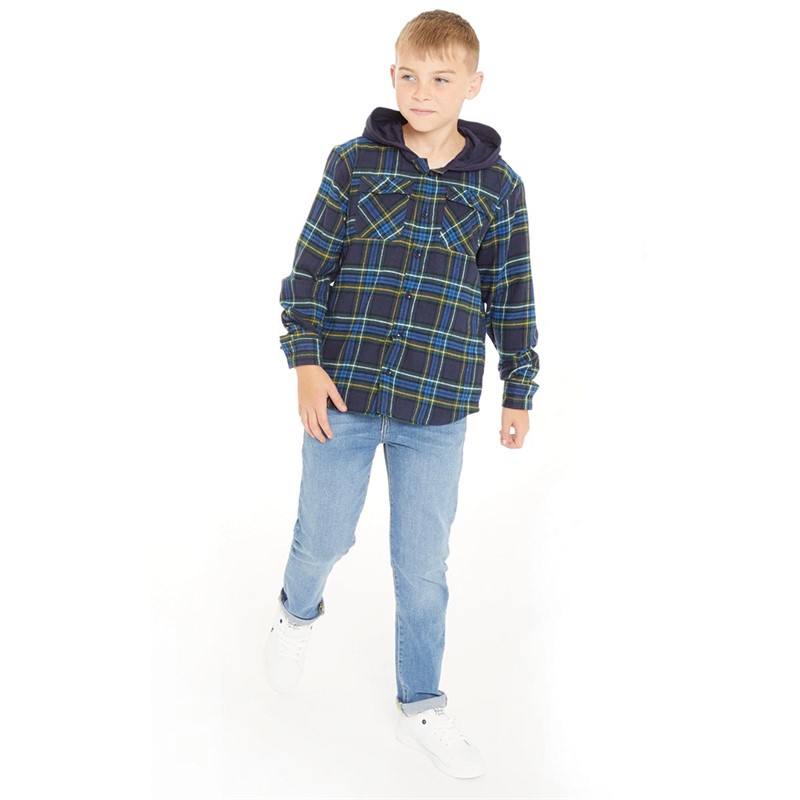 Kangaroo Poo Boys Hooded Yarn Dyed Checked Flannel Long Sleeve Shirt Navy Check