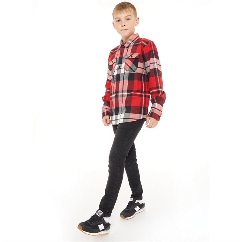 Kangaroo Poo Boys Yarn Dyed Checked Flannel Long Sleeve Shirt Navy/Red Check