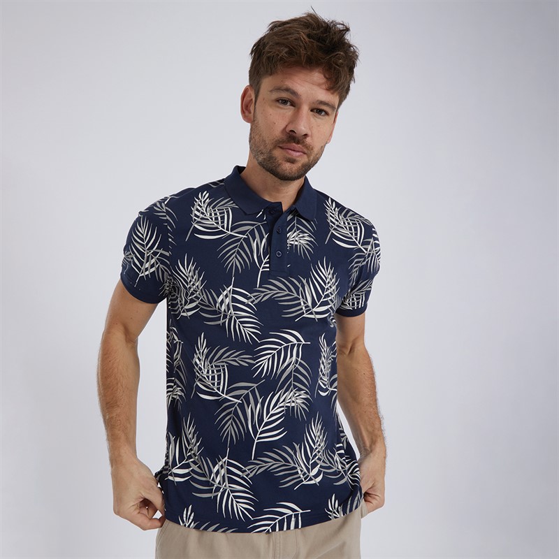 Kangaroo Poo Mens Fern Print Polo Navy/Ecru