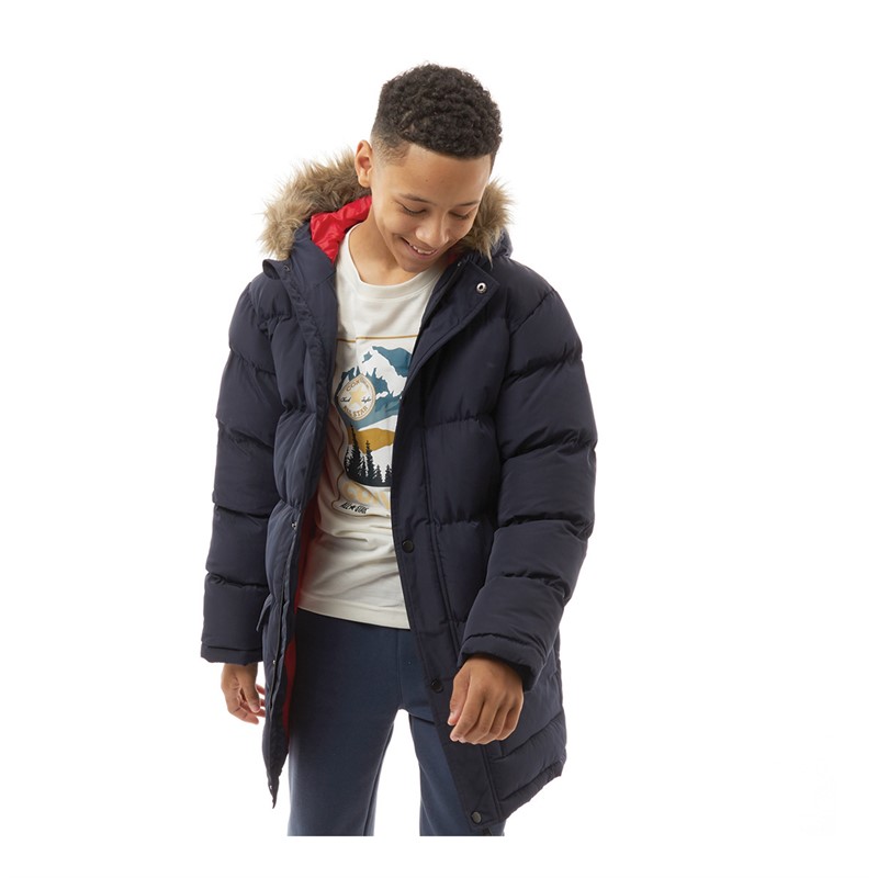 Kangaroo Poo Boys Faux Fur Trim Hood Puffer Jacket Navy