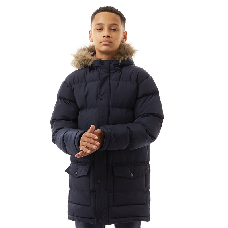 Kangaroo Poo Boys Faux Fur Trim Hood Puffer Jacket Navy