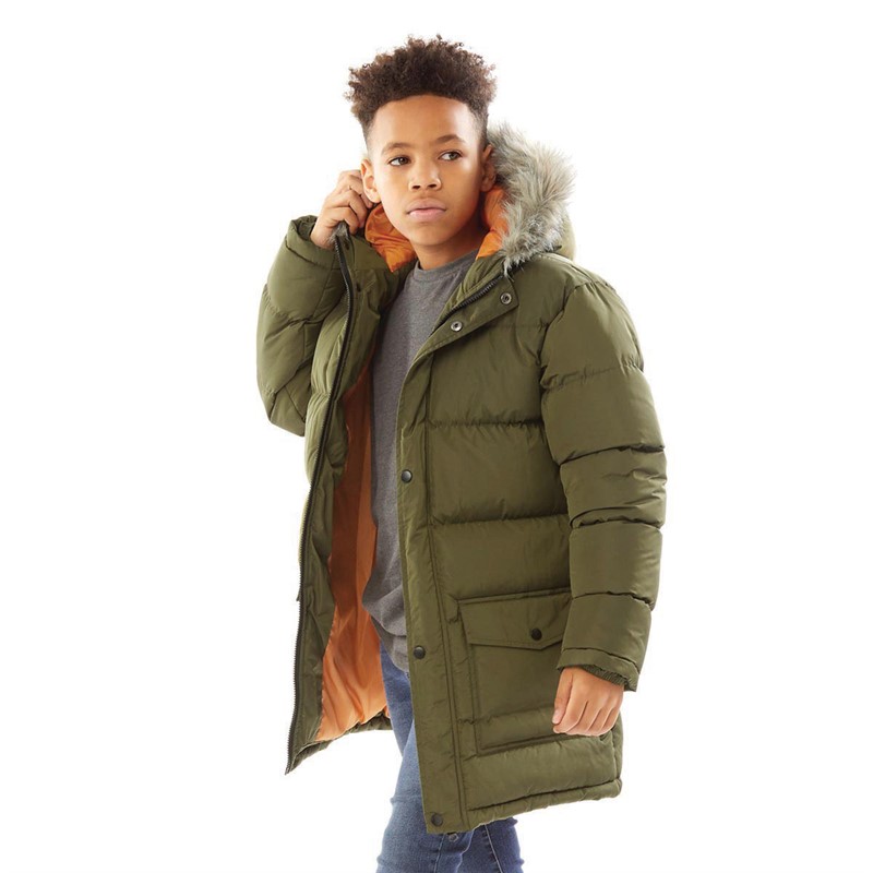 Kangaroo Poo Boys Faux Fur Trim Hood Puffer Jacket Khaki