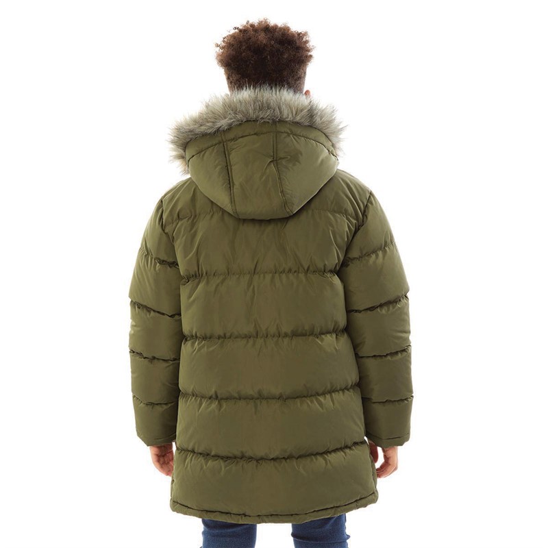 Kangaroo Poo Boys Faux Fur Trim Hood Puffer Jacket Khaki