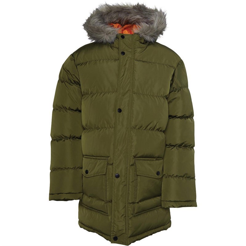 Kangaroo Poo Boys Faux Fur Trim Hood Puffer Jacket Khaki