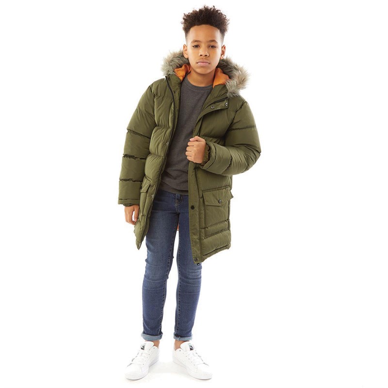 Kangaroo Poo Boys Faux Fur Trim Hood Puffer Jacket Khaki