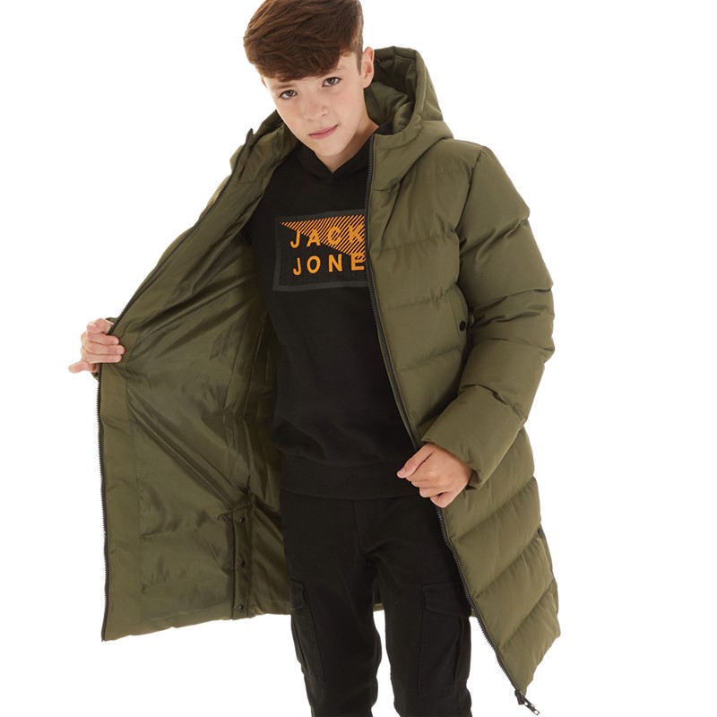 Kangaroo Poo Boys Longline Hooded Puffer Jacket Khaki