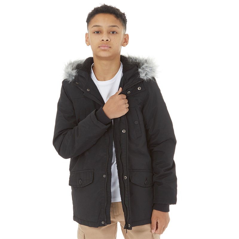 Kangaroo Poo Boys Faux Fur Hooded Parka Black