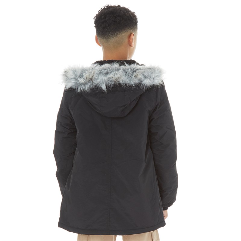 Kangaroo Poo Boys Faux Fur Hooded Parka Black