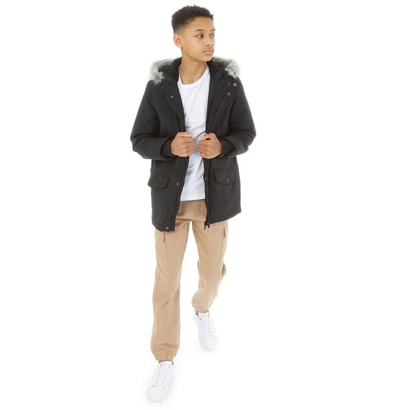 Kangaroo Poo Boys Faux Fur Hooded Parka Black