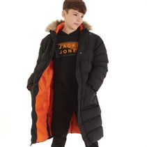 Kangaroo Poo Boys Longline Faux Fur Trim Hooded Jacket Black