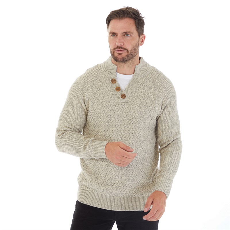 Kangaroo Poo Mens Button Neck Chunky Sweater Taupe