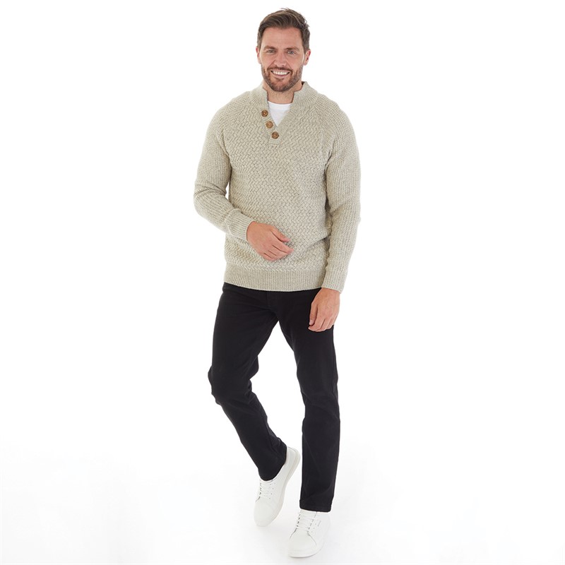 Kangaroo Poo Mens Button Neck Chunky Sweater Taupe