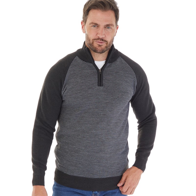 Kangaroo Poo Mens 1/4 Zip Mens Striped Sweater Charcoal Marl/Grey