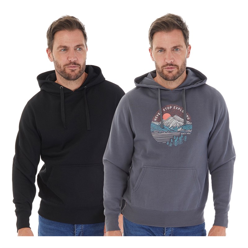 Kangaroo Poo Mens Plain And Printed Two Pack Hoodies Black/Charcoal