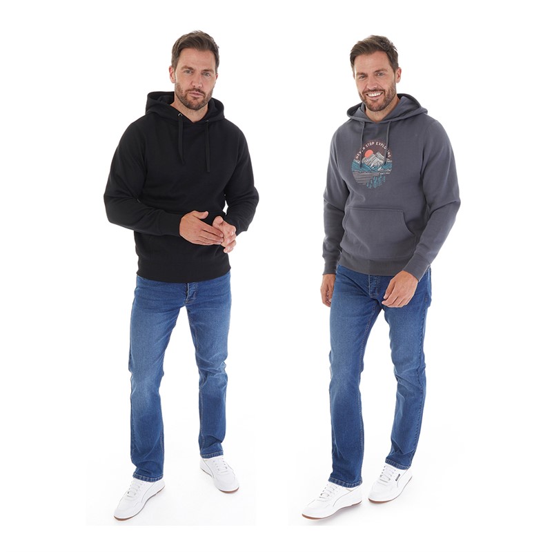 Kangaroo Poo Mens Plain And Printed Two Pack Hoodies Black/Charcoal