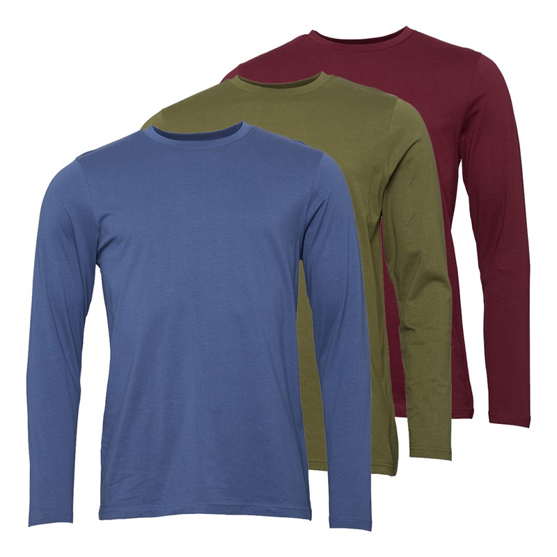 Kangaroo Poo Mens Three Pack Long Sleeved T-Shirts Indigo/Burgunday/Khaki